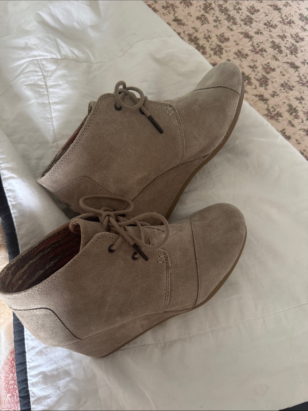 Toms Taupe Suede Lace-Up Wedge Booties